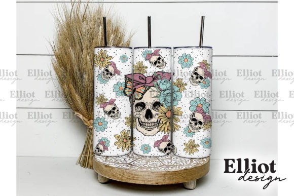Retro Skull Flowers Tumbler Wrap PNG Graphics for Crafts