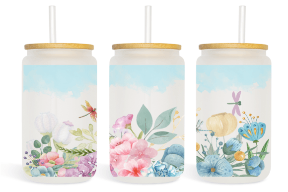 Watercolor Flowers 16oz Glass Can Wrap: A Graphic Design Asset for Print Templates